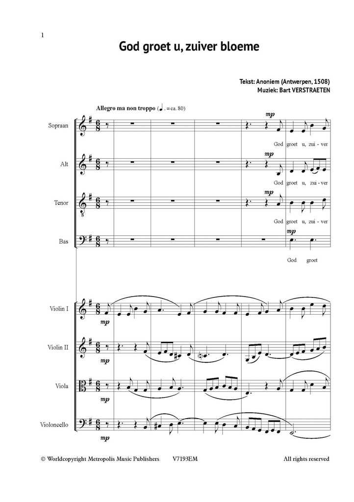 God Groet U Zuivere Bloeme (Choir set of 10 copies + ensemble parts)