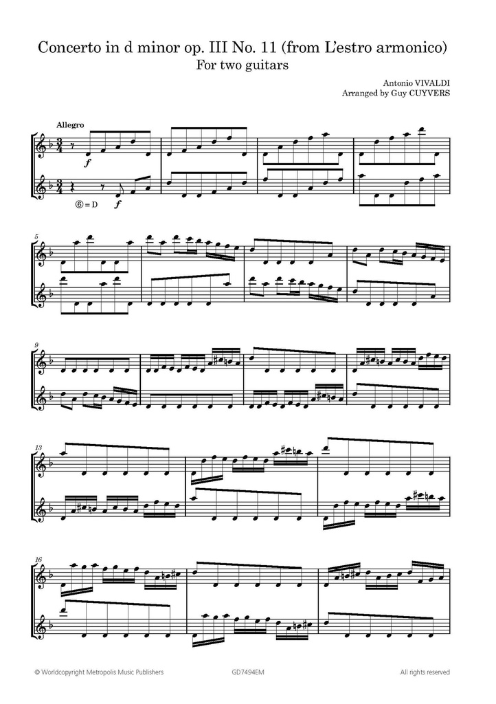 Concerto in D minor, Op.3 No.11 (From l'estro armonico)