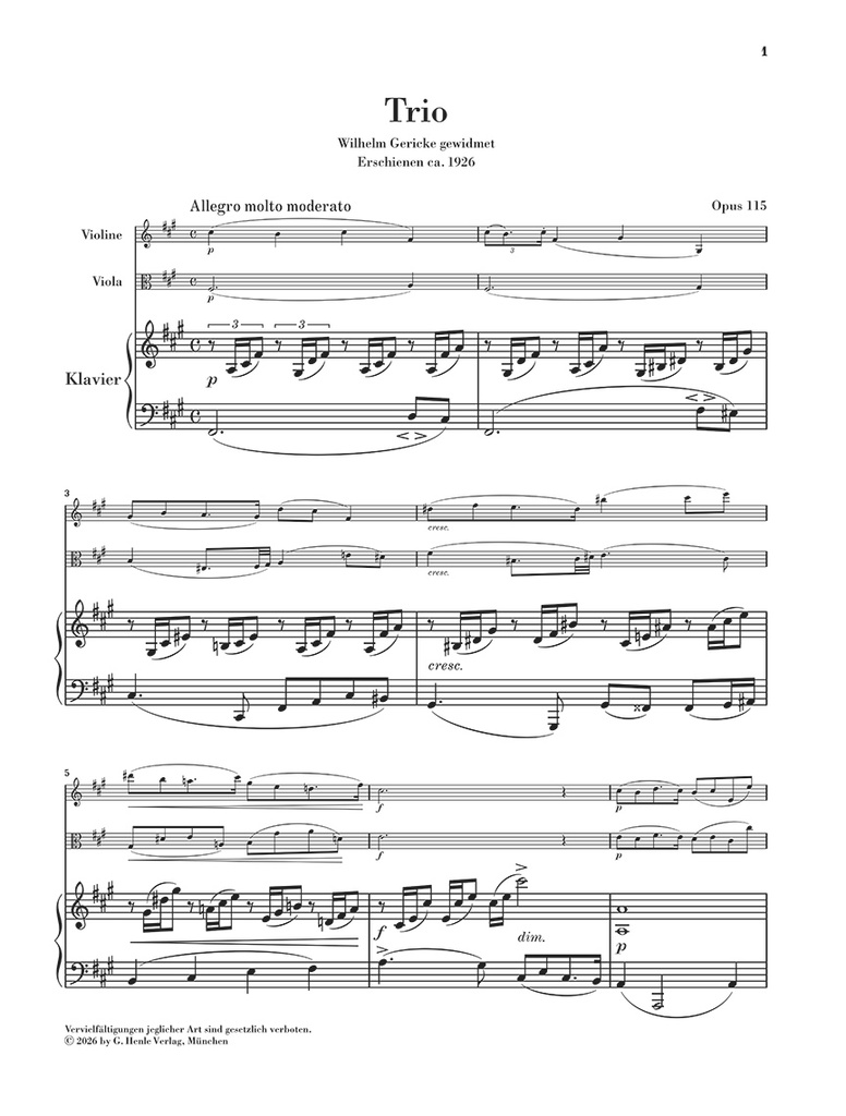 Trio in f sharp minor op. 115 for Violin, Viola and Piano