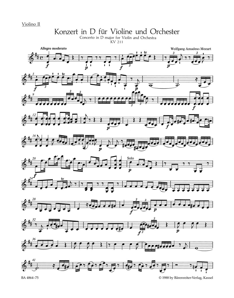 Concerto D major, KV.211 (Violin 2 part)