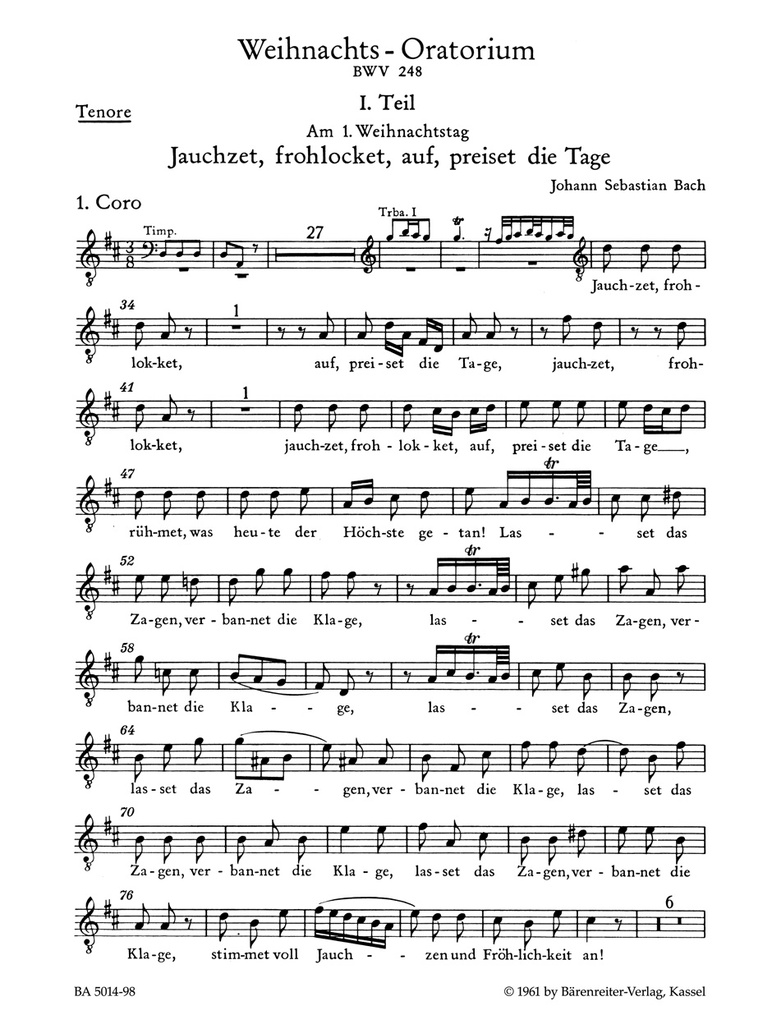 Weihnachts-Oratorium, BWV.248(Choral score - Tenor)