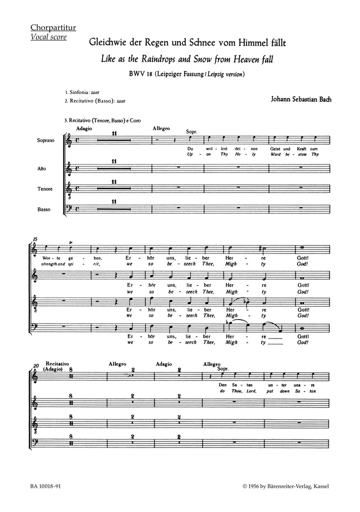 Like as the Raindrops and Snow from Heaven fall, BWV.18 (Leipzig Version) (Choral score)
