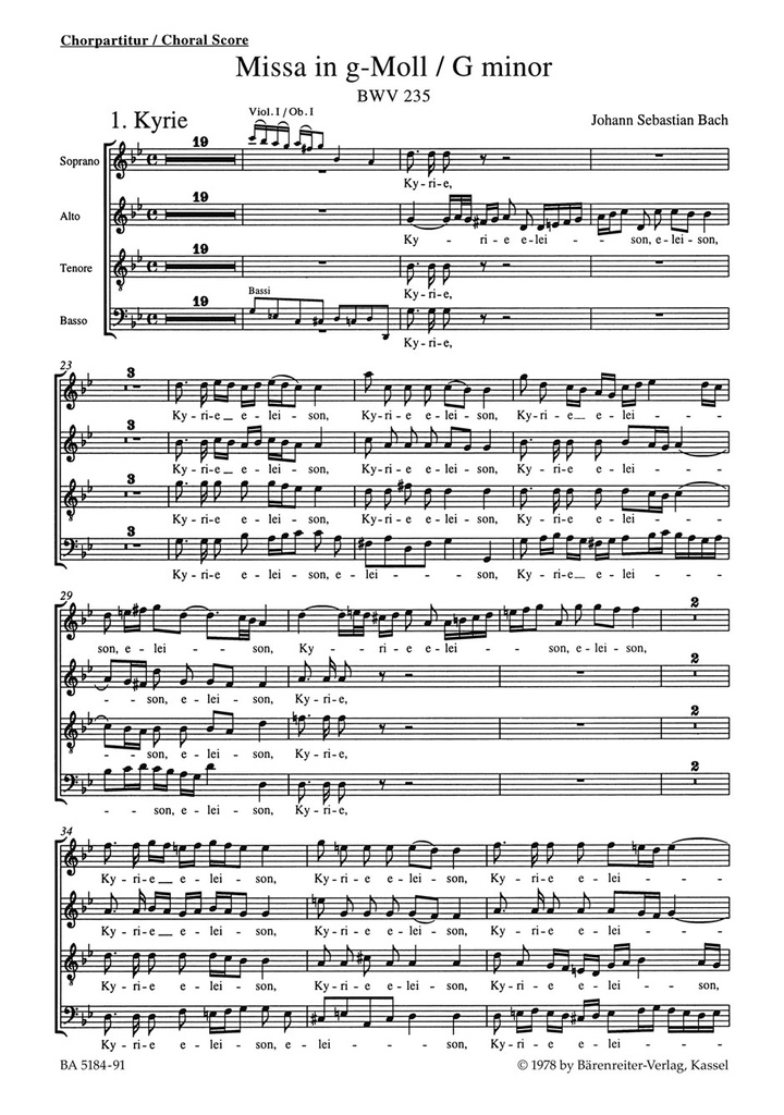 Mass G minor, BWV.235 'Lutheran Mass 3' (Choral score)