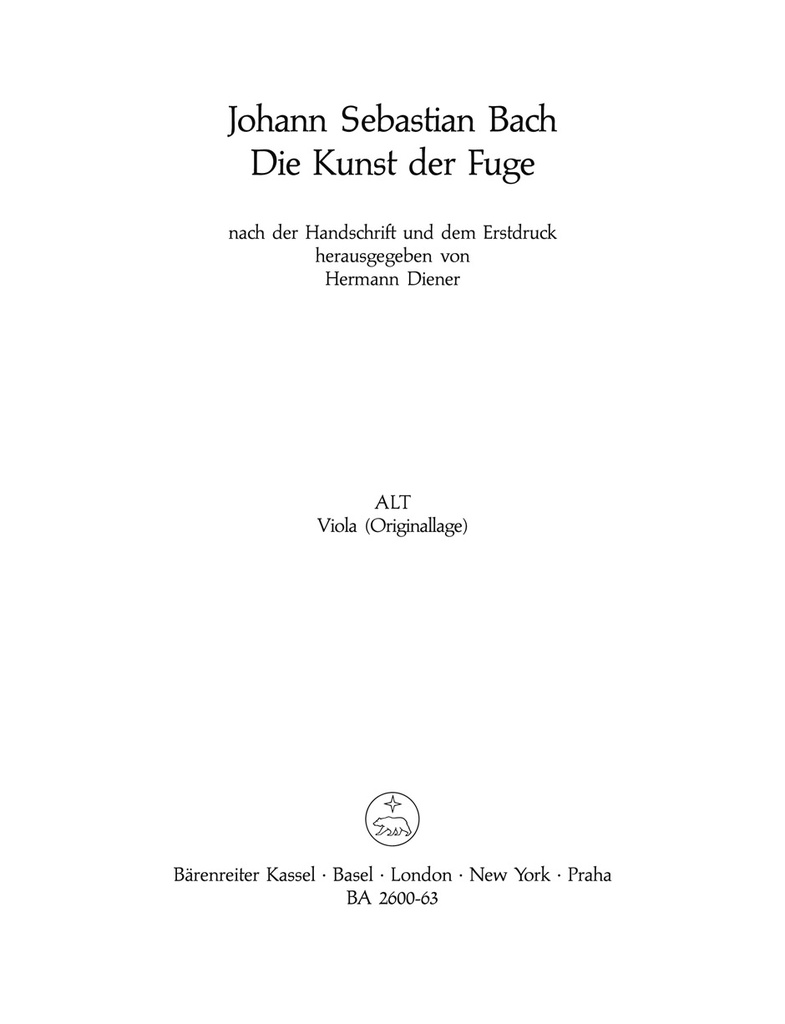 The Art of Fugue, BWV.1080 (Edition according to the autograph and first edition including the chorale 'Vor deinen Thron tret ich hiermit' for string instruments) (Viola)