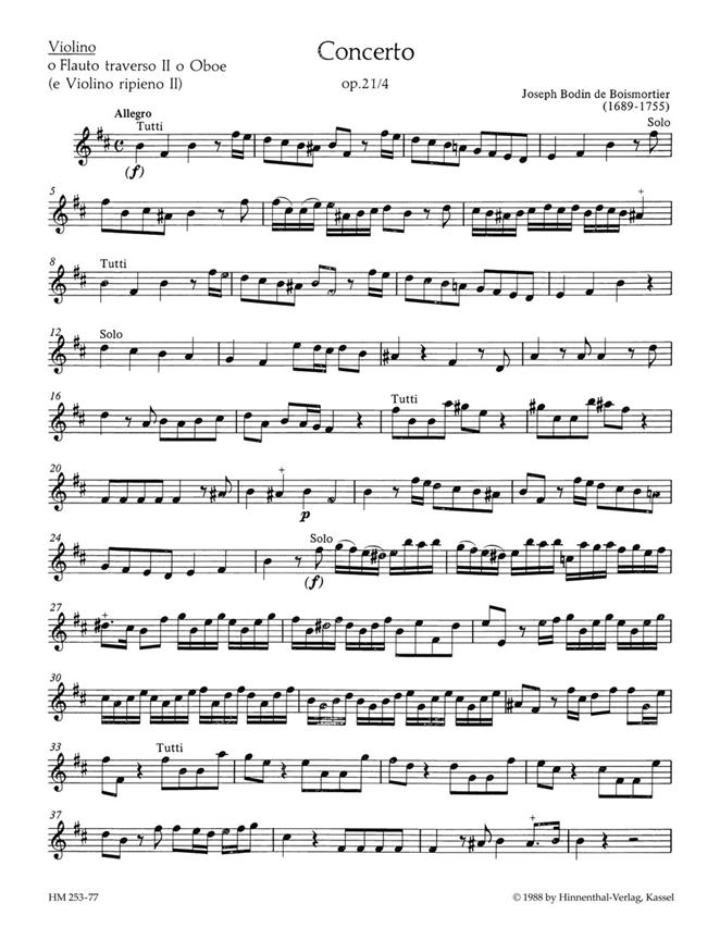 Concerto für 2 Soloinstrumente (Flöte, Violine Flöte, Oboe 2 Flöten), 3 Violinen und Basso continuo h-Moll, Op.21/4 (V1 / V2 ripieno) (Violin Solo)