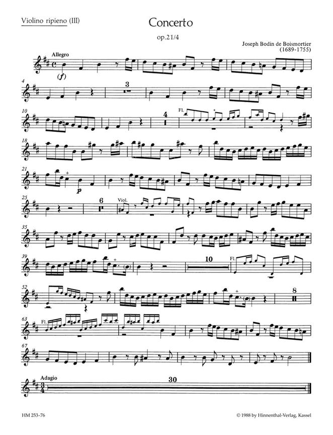 Concerto für 2 Soloinstrumente (Flöte, Violine Flöte, Oboe 2 Flöten), 3 Violinen und Basso continuo h-Moll, Op.21/4 (Violin 3)