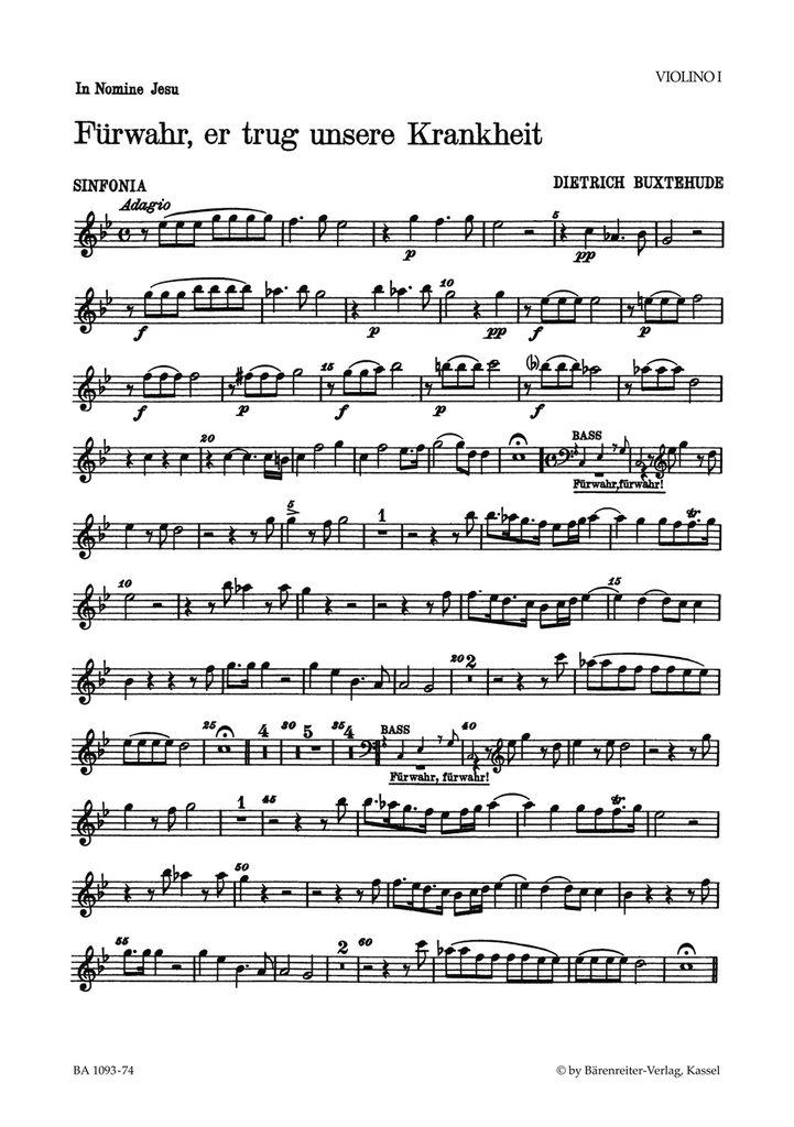 Fürwahr, er trug unsere Krankheit, BuxWV.31 (Behold, he bore all our infirmities) (Violin 1)