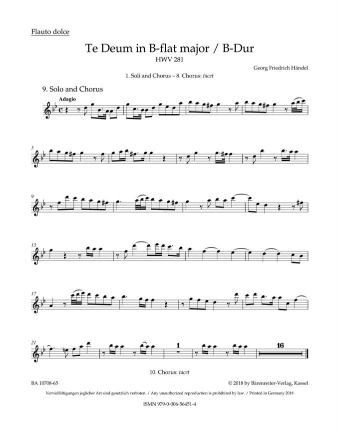 Te Deum B-Dur, HWV.281 (Cannons) (Wind parts, Urtext edition)
