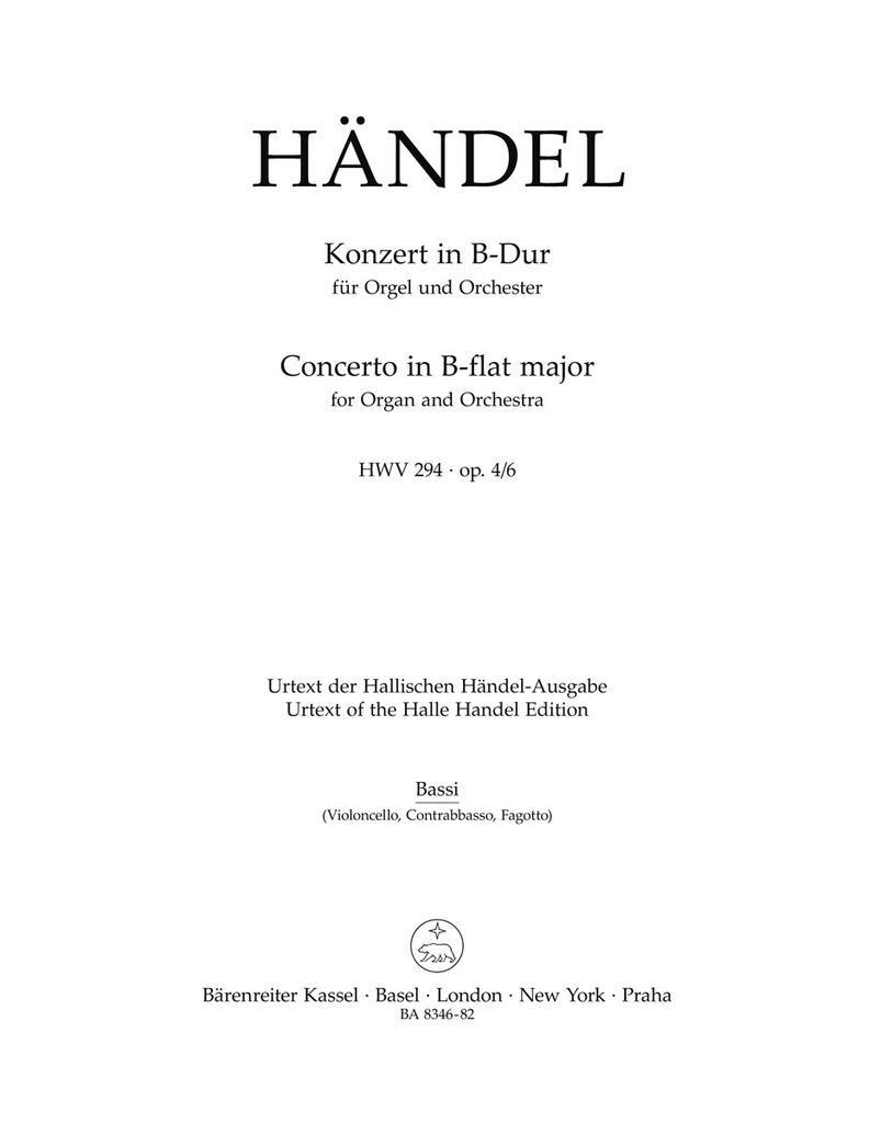Concerto for Organ and Orchestra B-flat major, Op.4/6, HWV.294 (Cello / Double bass)