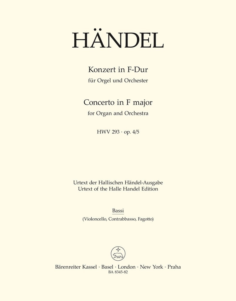 Concerto for Organ and Orchestra F major, Op.4/5, HWV.293 (Cello / Double bass)
