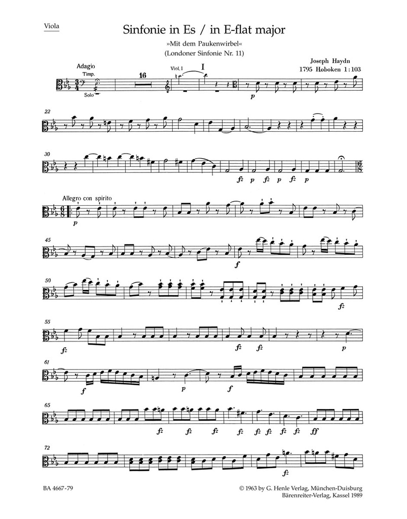 London Symphony No.11 E-flat major Hob.I:103 'The Drumroll' (Viola)