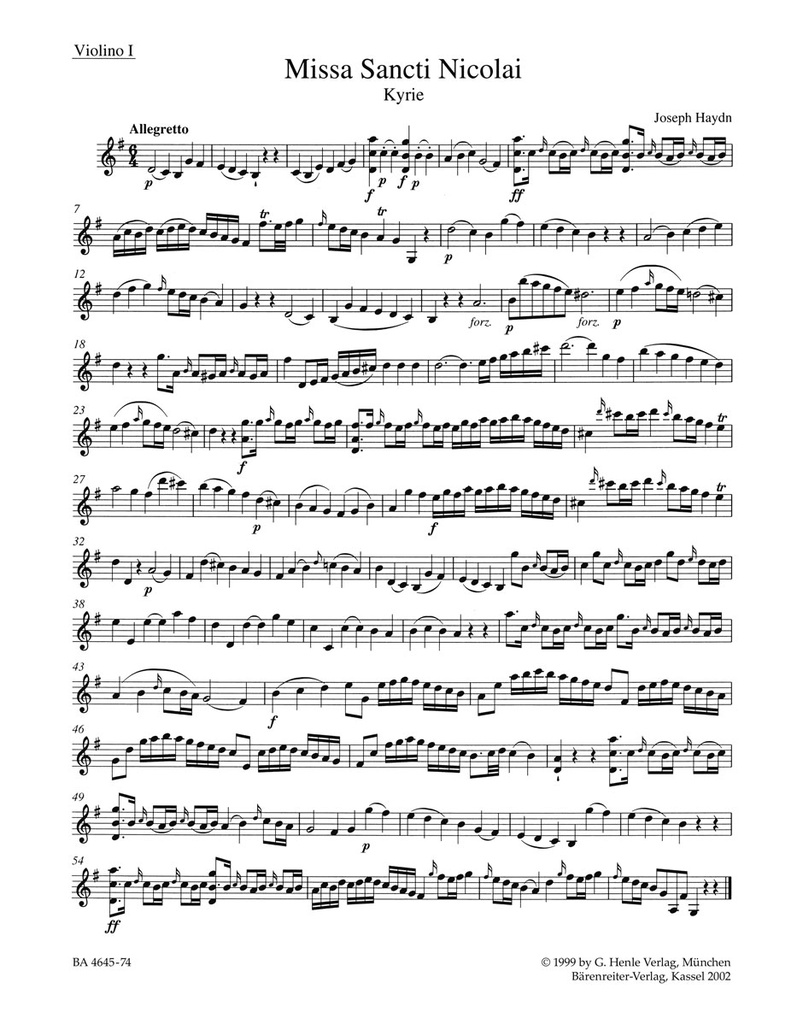 Missa Sancti Nicolai Hob. XXII:6 'Nicolai Mass' (Violin 1)
