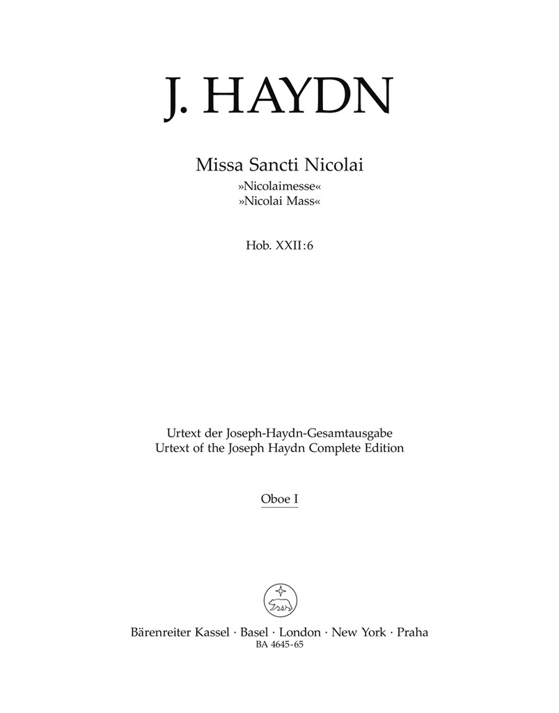 Missa Sancti Nicolai Hob. XXII:6 'Nicolai Mass' (Wind parts, Urtext edition)