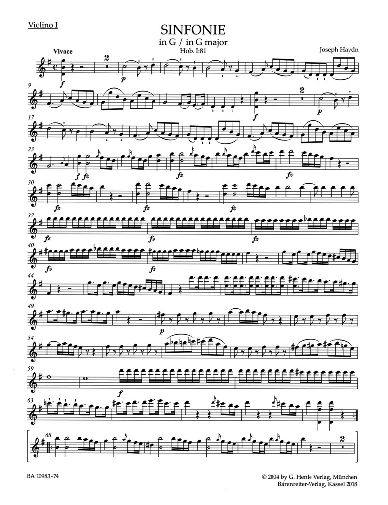 Symphony G major Hob. I:81 (Wind parts, Urtext edition)