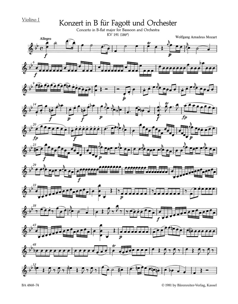 Concerto B-flat major, KV.191(186e) (Violin 1)