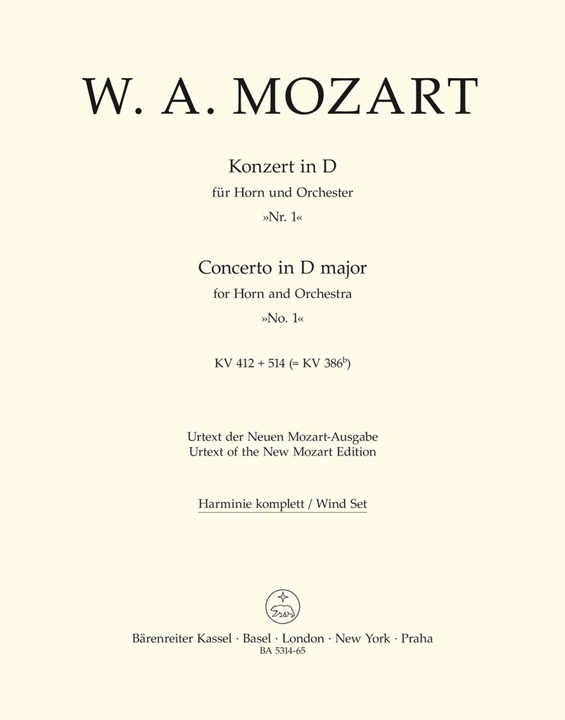 Horn Concerto No.1 D major, KV.412 + 514 (386b) (Wind parts, Urtext edition)