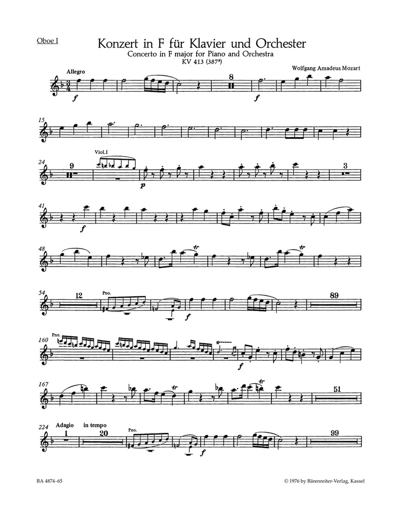 Concerto No.11 A major, KV.413(387a) (Wind parts, Urtext edition)