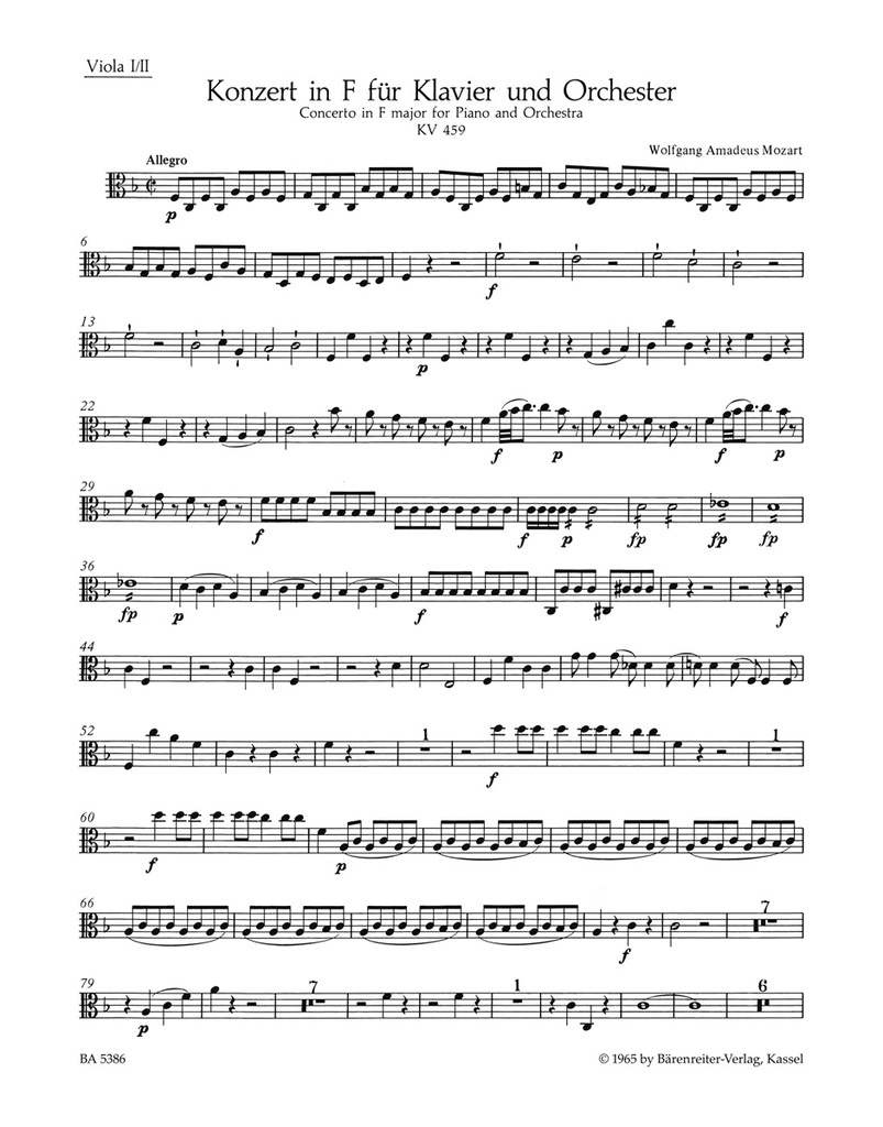 Concerto for Piano and Orchestra No.19 F major, KV.459 (Viola parts)