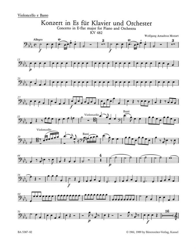 Concerto for Piano and Orchestra No.22 E-flat major, KV.482 (Cello / Double bass)
