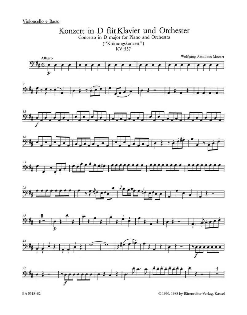 Concerto for Piano and Orchestra No.26 D major, KV.537 'Coronation Concerto' (Cello / Double bass)