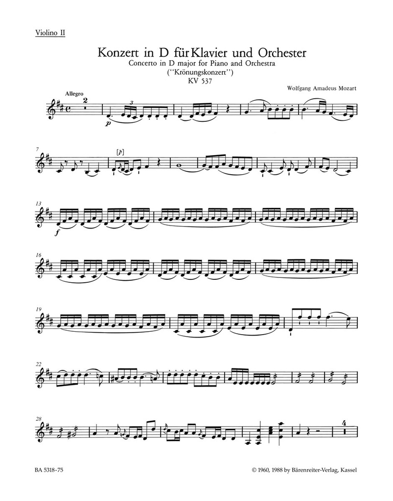 Concerto for Piano and Orchestra No.26 D major, KV.537 'Coronation Concerto' (Violin 2)