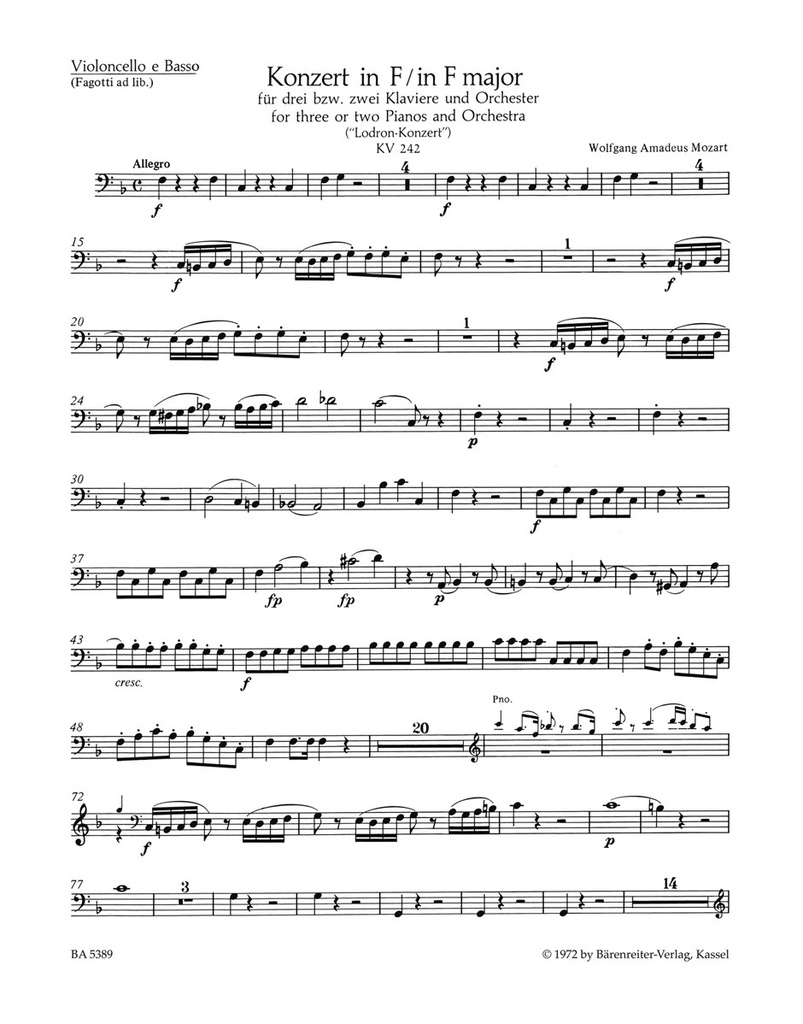 Concerto for three or Two Pianos and Orchestra No.7 F major, KV.242 'Lodron Concerto' (Cello / Double bass)