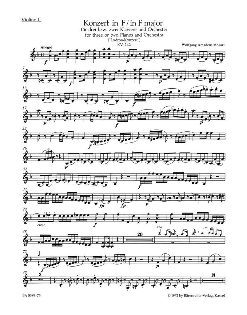 Concerto for three or Two Pianos and Orchestra No.7 F major, KV.242 'Lodron Concerto' (Violin 2)