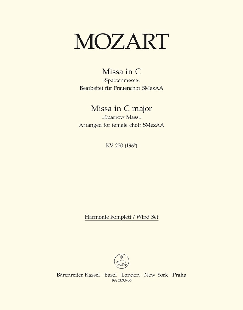 Missa C major, KV.220 (196b) 'Sparrow Mass' (Arranged for female choir SMezAA) (Wind parts)