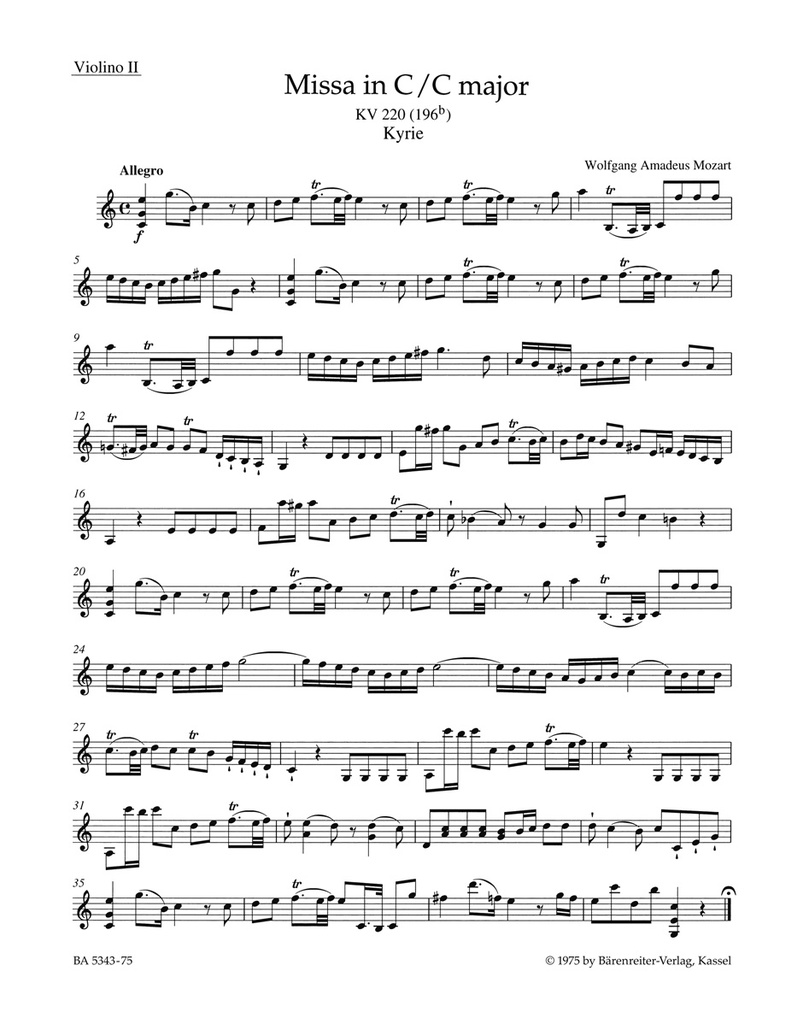 Missa C major, KV.220 (196b) 'Sparrow Mass' (Violin 2)