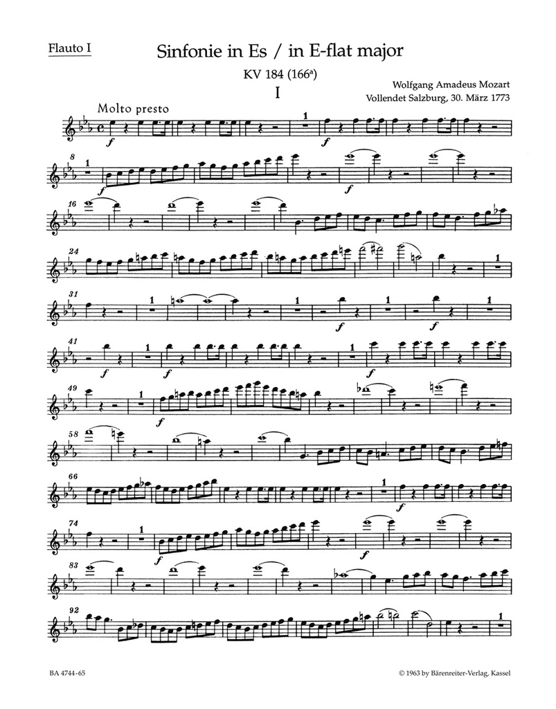 Symphony No.26 E-flat major, KV.184(166a) (Wind parts, Urtext edition)
