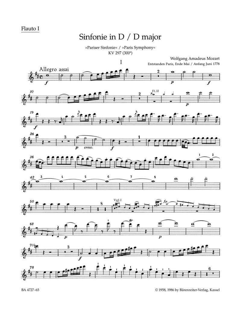 Symphony No.31 D major, KV.297 (300a) 'Paris Symphony' (Wind parts, Urtext edition)
