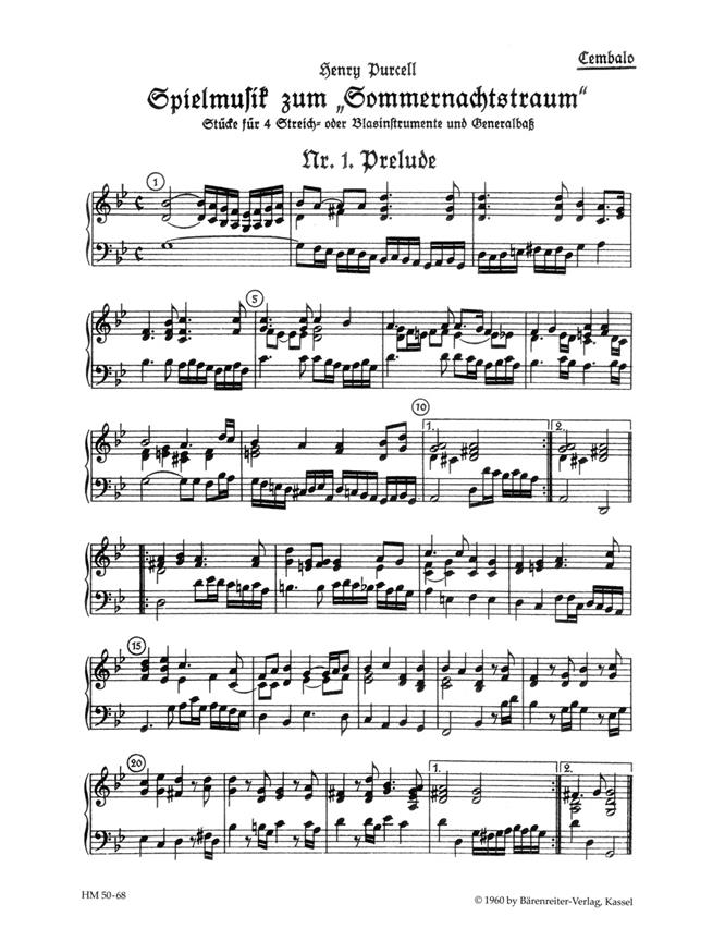 Spielmusik zum Sommernachtstraum für Streicher (statt Viola auch Violine III) und Basso continuo/ Bläser ad lib 10)- (Bühnenmusik aus 'Fairy Queen') (Harpischord)