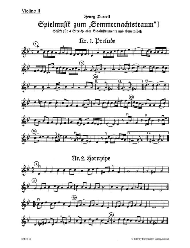 Spielmusik zum Sommernachtstraum für Streicher (statt Viola auch Violine III) und Basso continuo/ Bläser ad lib 10)- (Bühnenmusik aus 'Fairy Queen') (Violin 2)