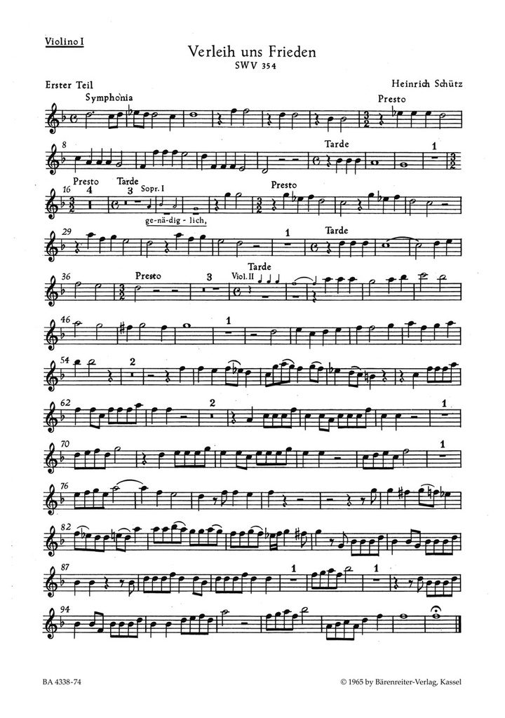 Verleih uns Frieden gnädiglich Gib unsern Fürsten No.14 und 15, SWV.354, 355zwei Deutsche Konzerte- (aus 'Symphoniae sacrae II') (Violin 1)