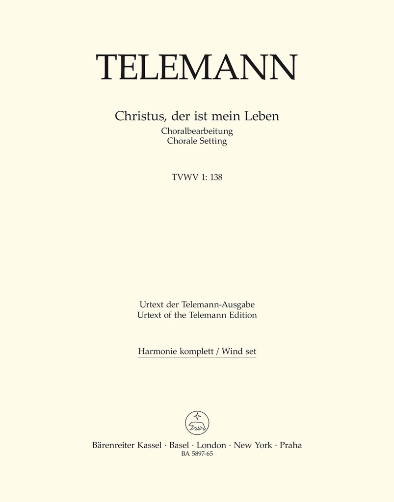 Christus, der ist mein Leben TVWV 1:138 (Chorale Setting) (Wind parts, Urtext edition)