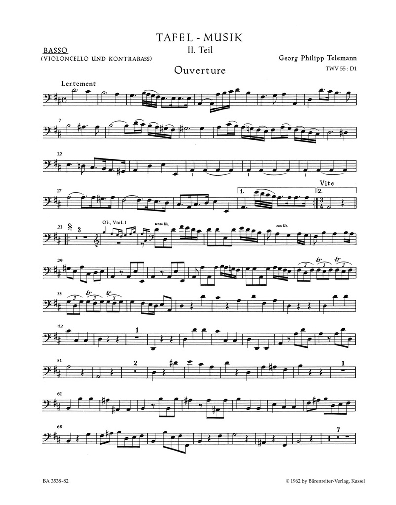 Ouvertüre und Conclusion D-Dur, TWV.55:D1 (aus 'Tafelmusik II') (Cello / Double bass)