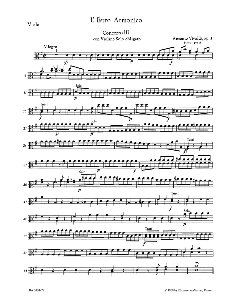 Concerto III G-Dur RV 310 (aus 'L'Estro armonico', Op.3) (Viola)