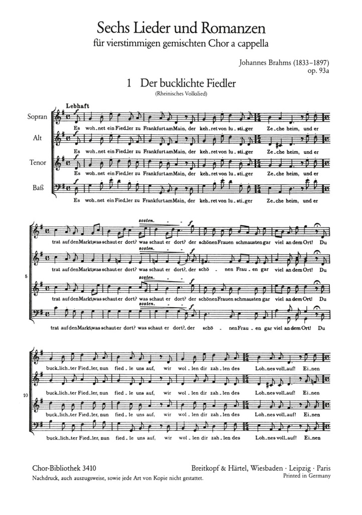 6 Songs and Romances, Op.93a (Choral score) Nos.1 to 6
