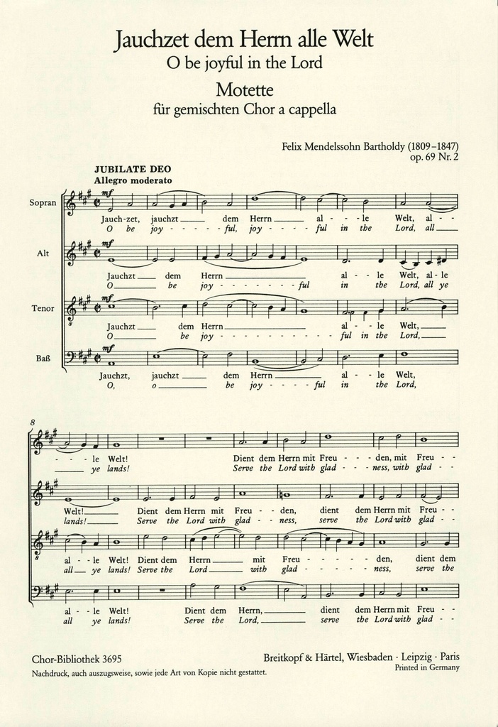 3 Motets, Op.69 (Choral score) 2. Jauchzet dem Herrn alle Welt MWV B 58