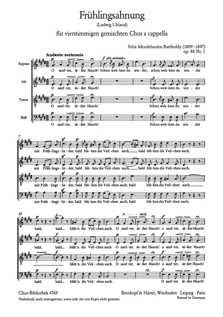 6 Lieder, Op.48 (Choral score) 1. Frühlingsahnung ""O sanfter, süsser Hauch"" MWV F 14