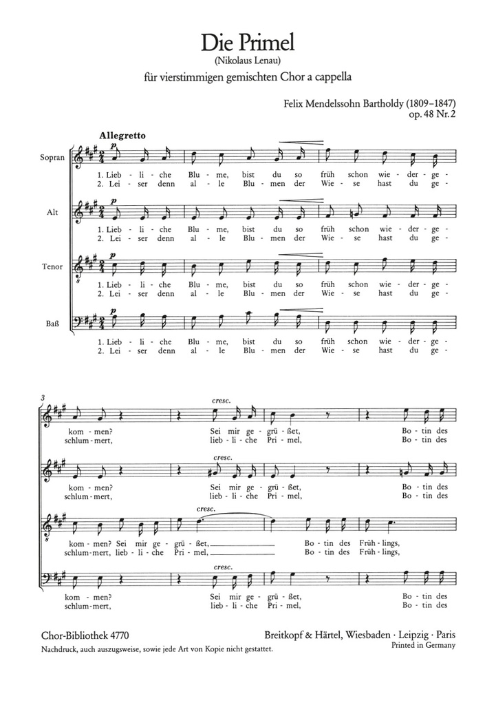 6 Lieder, Op.48 (Choral score) 2. Die Primel ""Liebliche Blume"" MWV F 16