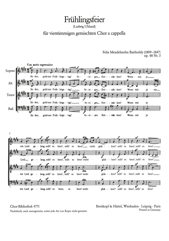 6 Lieder, Op.48 (Choral score) 3. Frühlingsfeier ""Süsser, goldner Frühlingstag"" MWV F 18