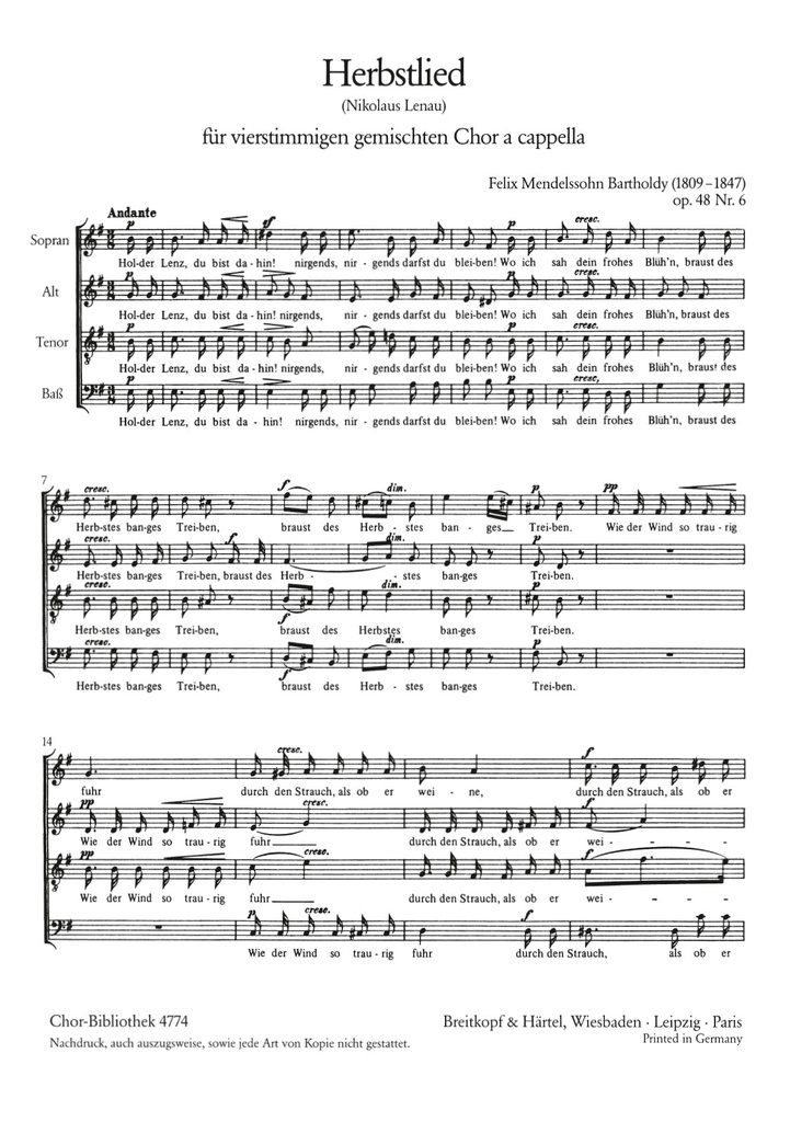 6 Lieder, Op.48 (Choral score) 6. Herbstlied ""Holder Lenz, du bist dahin"" MWV F 17