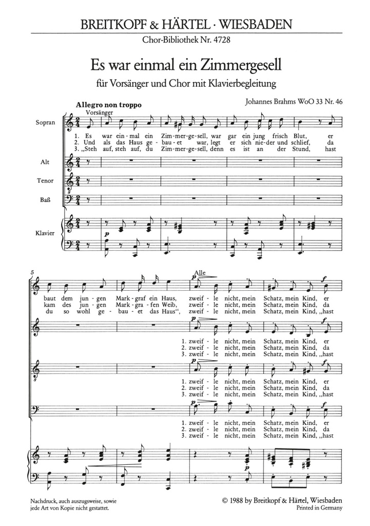 Deutsche Volkslieder, WoO.33 (Choral score) No.46 Es war einmal ein Zimmergesell