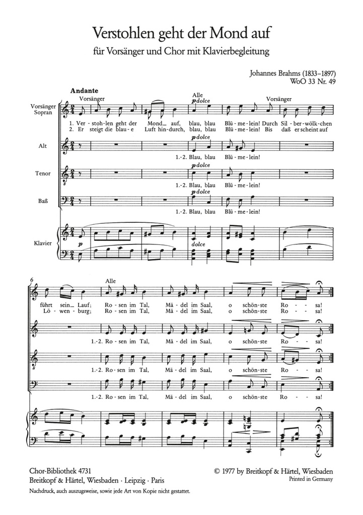 Deutsche Volkslieder, WoO.33 (Choral score) No.49 Verstohlen geht der Mond auf