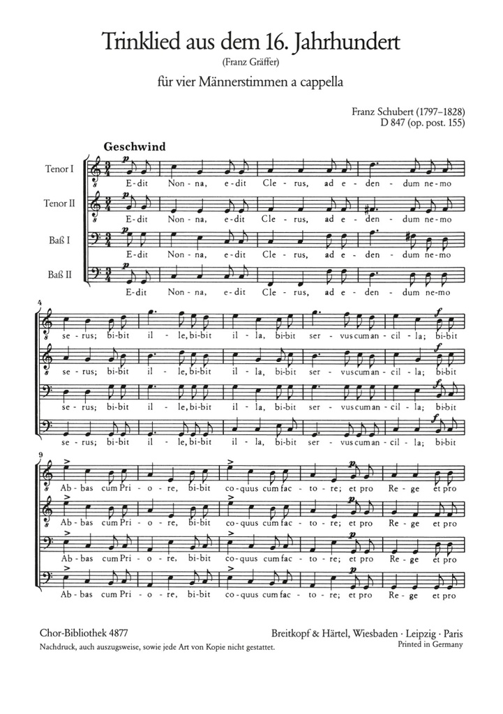 Trinklied aus dem 16.Jahrhundert, D.847 [Op. post. 155] (Choral score)