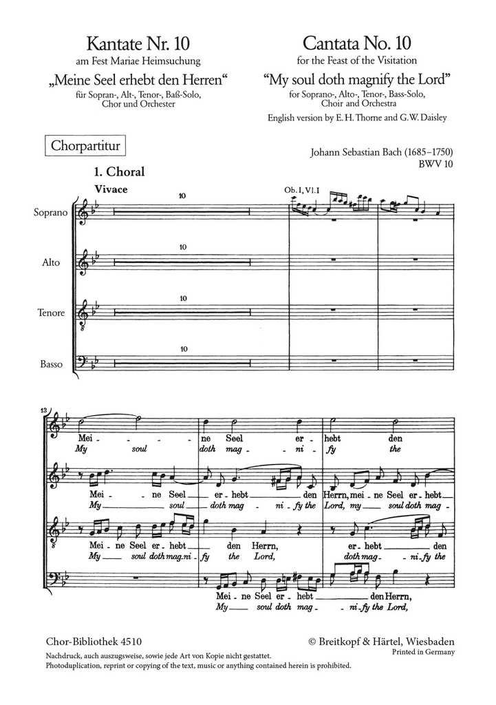 Cantata, BWV.10 My soul doth magnify the Lord (Choral score)
