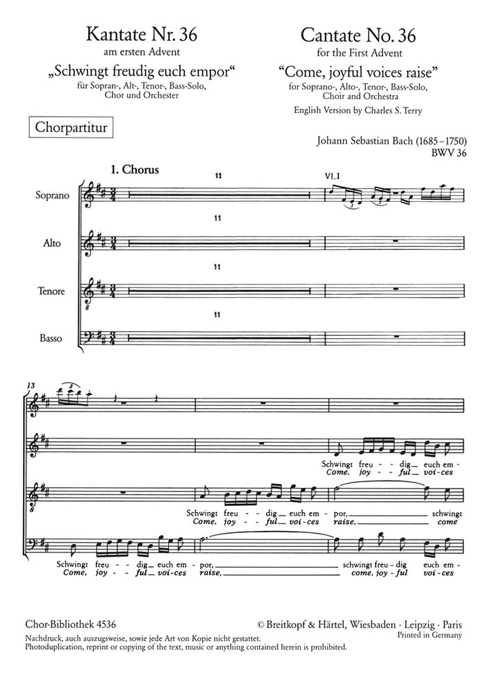 Cantata, BWV.36 Come, joyful voices raise (Choral score)