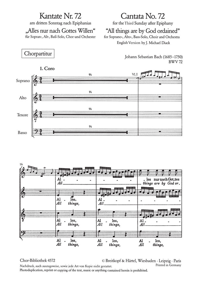 Cantata, BWV.72 All things are by God ordained (Choral score)