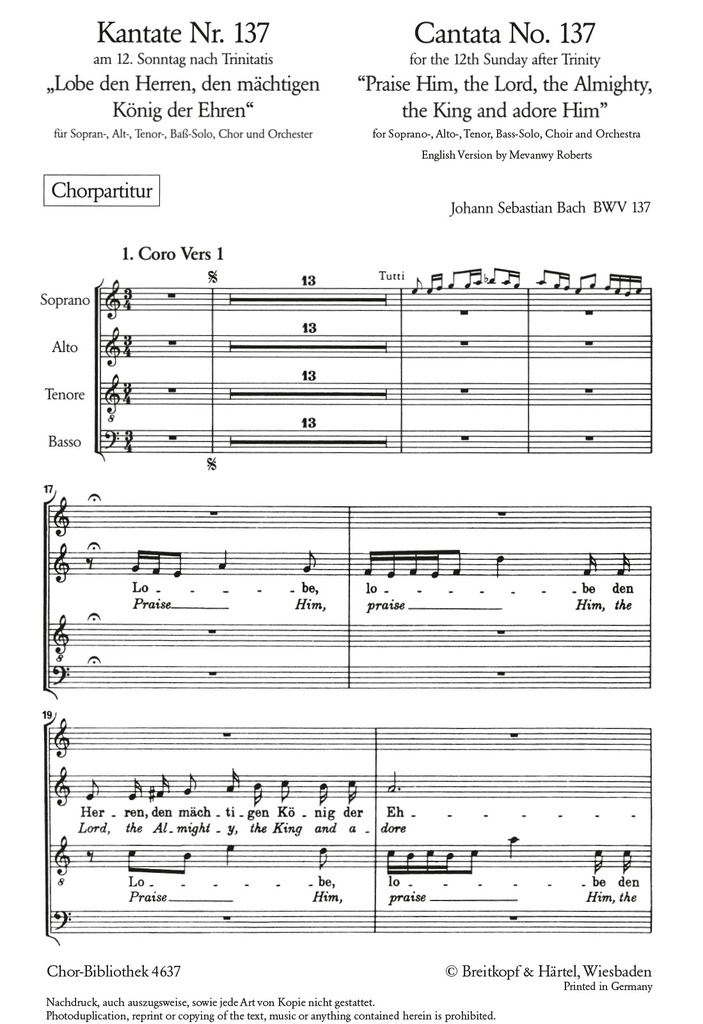 Cantata, BWV.137 Praise Him, the Lord, the Almighty, the King (Choral score)